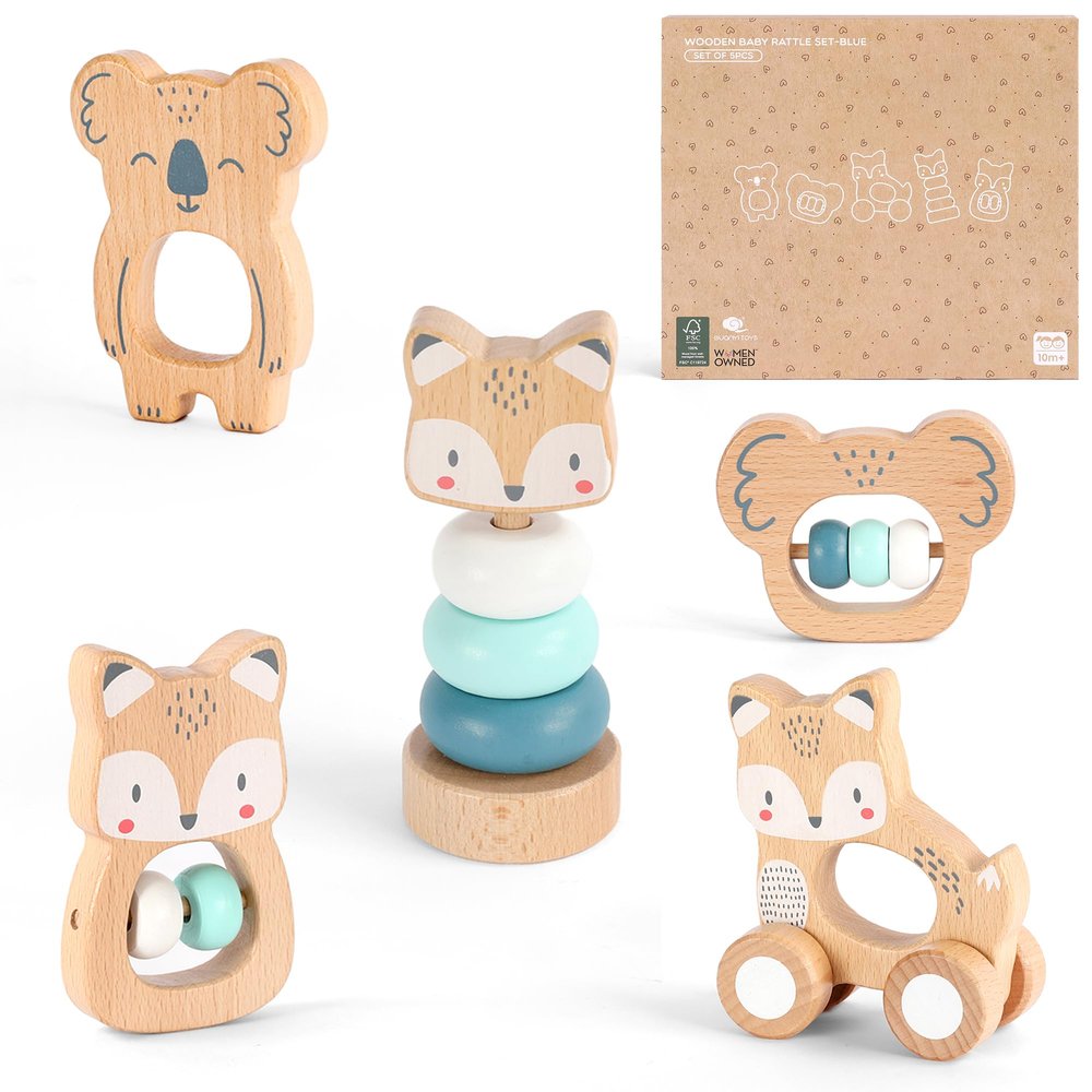 WoddyGo Wooden Montessori Toys, 5-Piece Wooden Baby Toy, Koala Baby Rattle, Fox Stacking Ring, Little Fox Push and Pull Toys,Koala Holding Toy,Newborn Baby Gift Sets for Boys and Girls