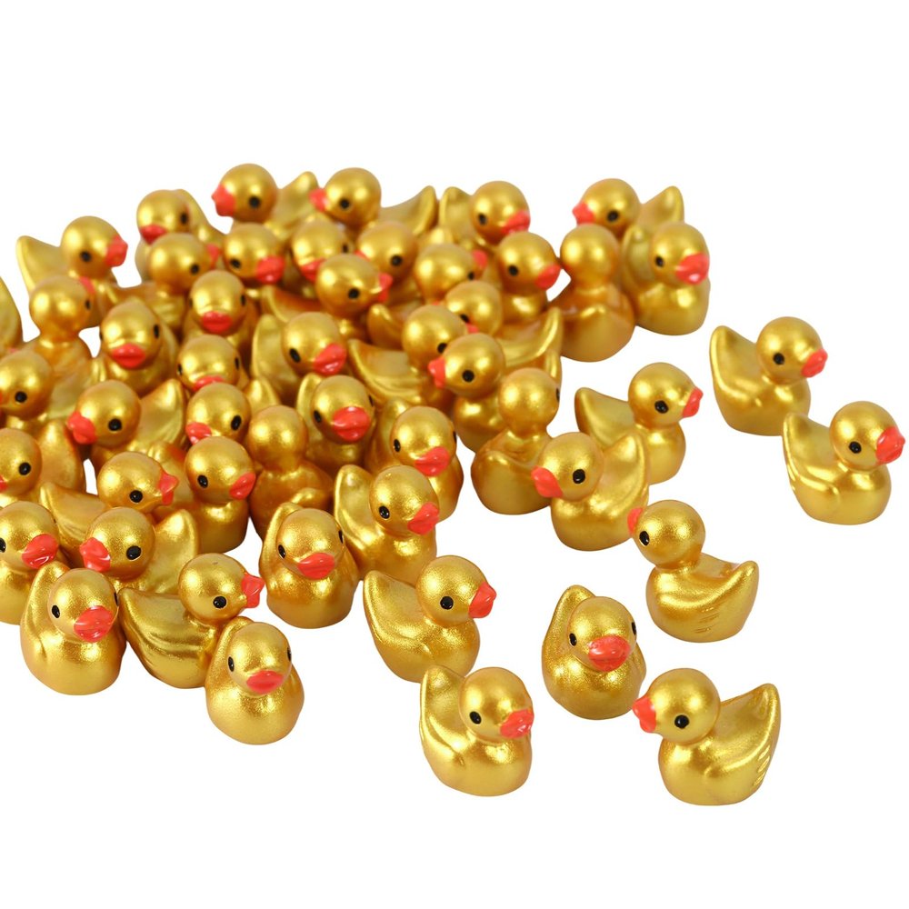 100pcs Golden Mini Resin Ducks, 1.5x1.4x1cm/0.59x0.55x0.39in Tiny Gold Ducks Small Resin Figurines for Micro Garden Landscape Cake Decor & DIY Craft Party