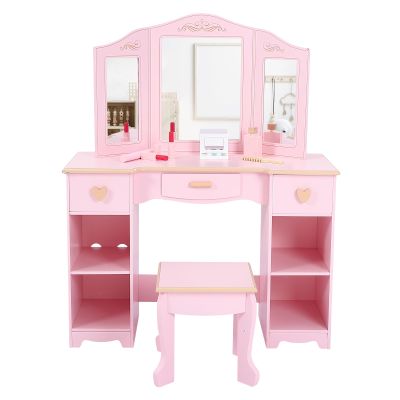 GarveeHome Kids Vanity Table and Stool, Girls Vanity Set with Tri-Fold Mirror, Drawer and Pretend Playset, Wooden Princess Makeup Desk Dressing Table, Toddler Vanity, Pink