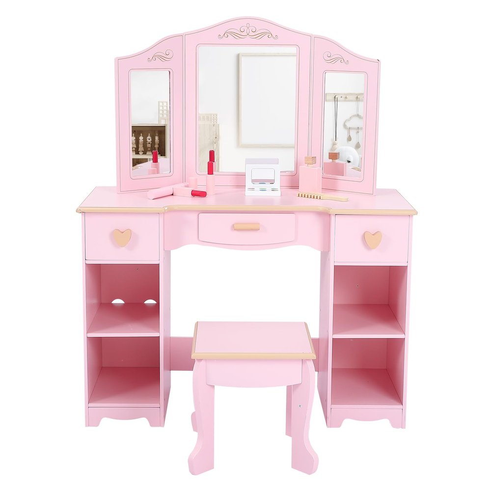 GarveeHome Kids Vanity Table and Stool, Girls Vanity Set with Tri-Fold Mirror, Drawer and Pretend Playset, Wooden Princess Makeup Desk Dressing Table, Toddler Vanity, Pink