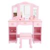 GarveeHome Kids Vanity Table and Stool, Girls Vanity Set with Tri-Fold Mirror, Drawer and Pretend Playset, Wooden Princess Makeup Desk Dressing Table, Toddler Vanity, Pink view 1