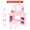 GarveeHome Kids Vanity Table and Stool, Girls Vanity Set with Tri-Fold Mirror, Drawer and Pretend Playset, Wooden Princess Makeup Desk Dressing Table, Toddler Vanity, Pink view 2