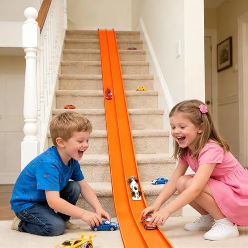 YHJZ Flexible Race Car Track 16Ft Starter Set with Suction Cups, Flexible Race Car Ramp Track with Diecast 1/64th Cars, Rolls Up Portable Racetrack for Ages 3 & Up (Orange