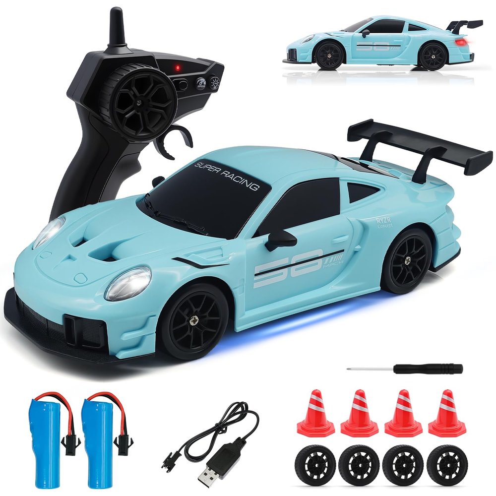 Aka Supaku RC Drift Car, 1:24 4WD Remote Control Cars Vehicle with LED Light,2.4GHz 20KM/H High Speed RC Cars with Two Batteries & Drifting Tires Racing Sport Toy for Adults Boys Girls Kids Blue