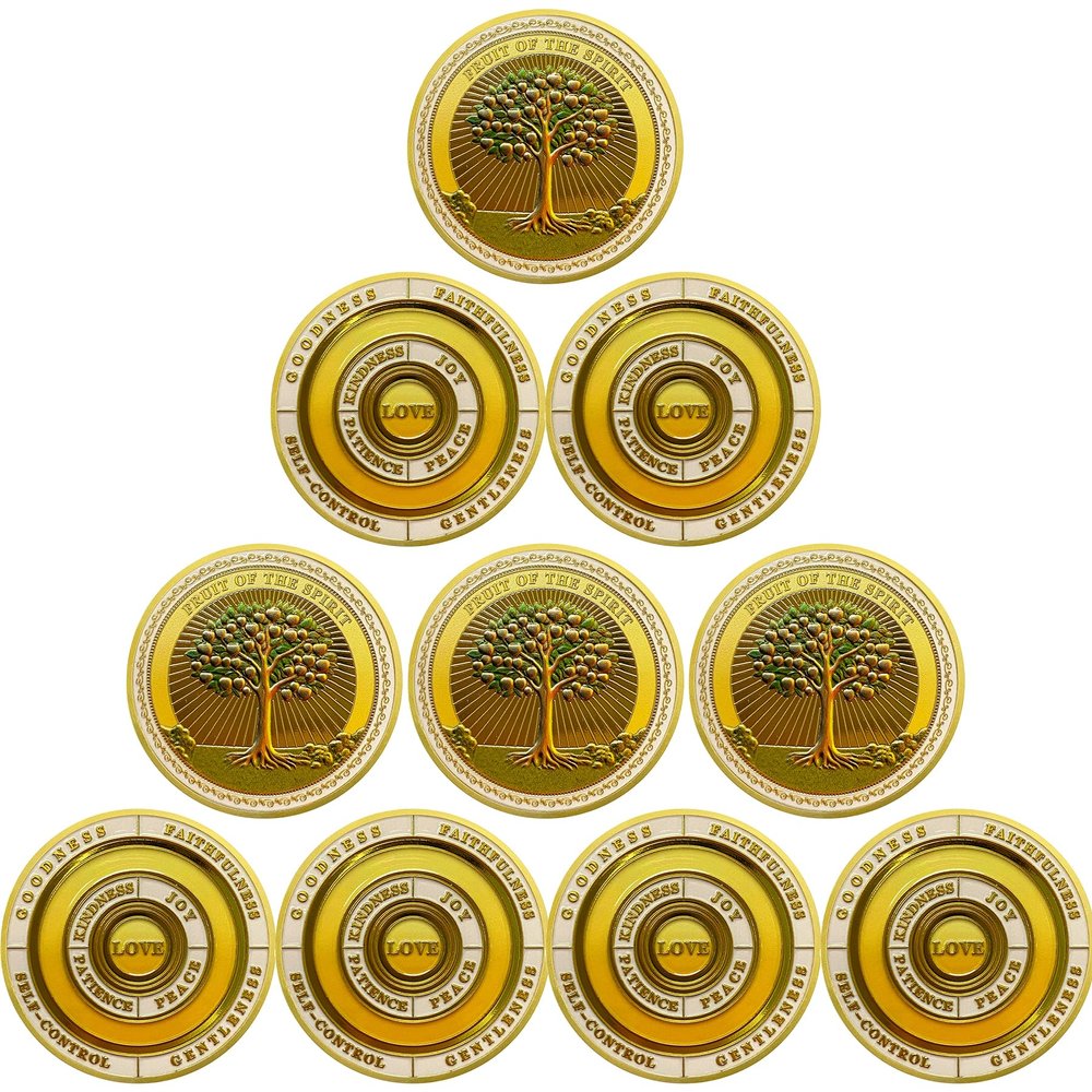 10 Pack Fruit of The Spirit Christian Coin, Inspirational Christian Challenge Coin with Galatians 5:22-23 Jesus Religious Prayer Coin, Christian Bible Verse Pocket Token Coin Gifts for Friends Family