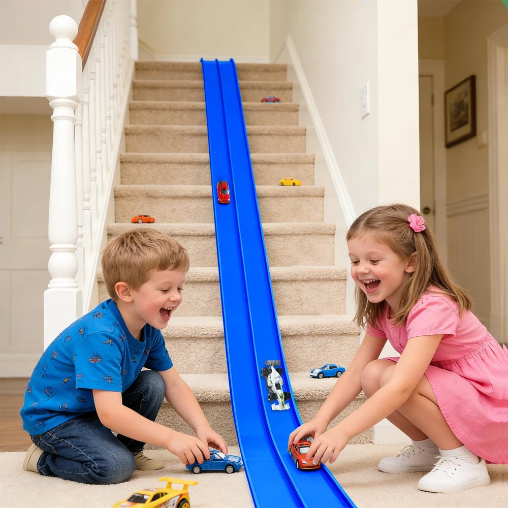 YHJZ Flexible Race Car Track 16Ft Starter Set with Suction Cups, Flexible Race Car Ramp Track with Diecast 1/64th Cars, Rolls Up Portable Racetrack for Ages 3 & Up (Blue