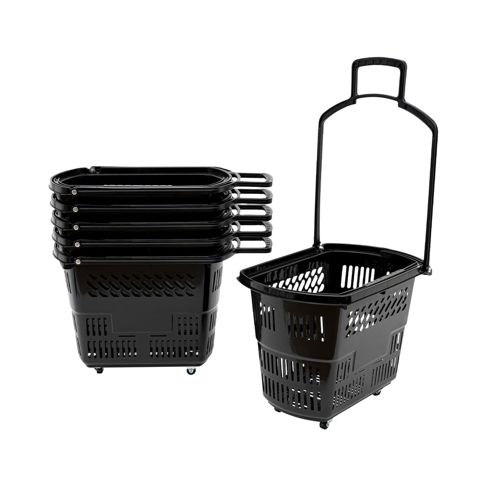6-Pack Plastic Shopping Basket with Wheels & Handle, 35L Portable Rolling Basket Set for Supermarkets, Retail Stores, Bookstores (Black)
