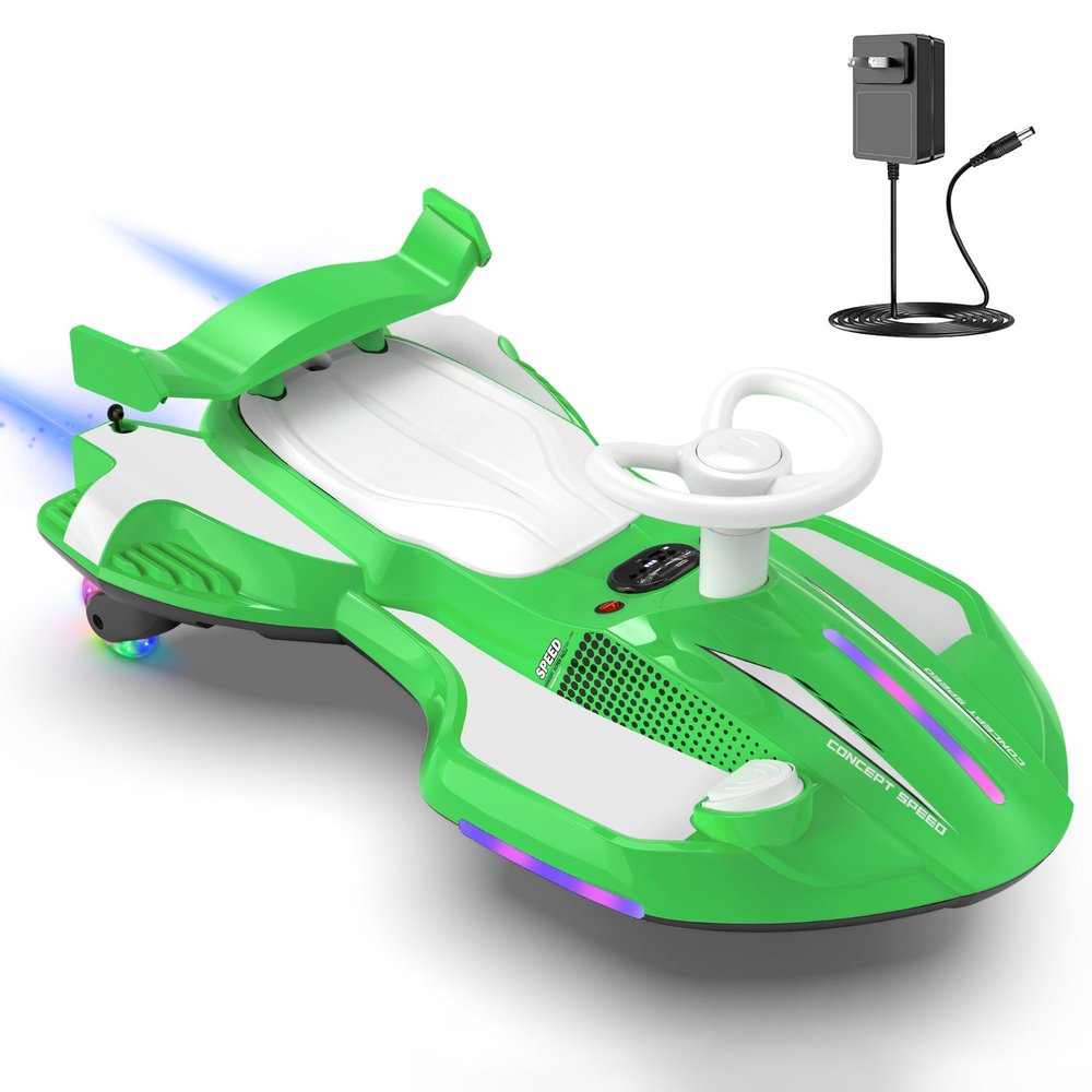 12V Electric Wiggle Car with Pedal for Kids, Rechargeable 2 in 1 Swing Car, Drifting Ride On Toys with Backrest, Anti-Rollover, Spray, Flashing Light, Music, for Ages 3 and Up (Green)
