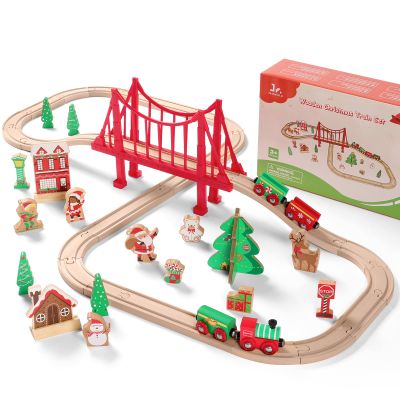 SainSmart Jr. Wooden Train Set 50 Pcs Train Set - Toy Train with Exquisite Box, Wood Train Track Set Fit for Major Brands, Ideal Railway Playset for Boys and Girls