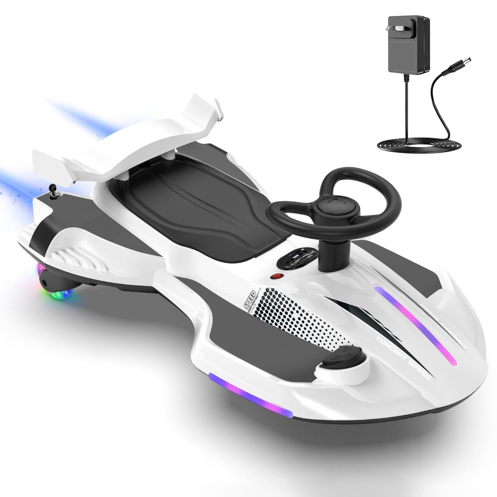 12V Electric Wiggle Car with Pedal for Kids, Rechargeable 2 in 1 Swing Car, Drifting Ride On Toys with Backrest, Anti-Rollover, Spray, Flashing Light, Music, for Ages 3 and Up (White)