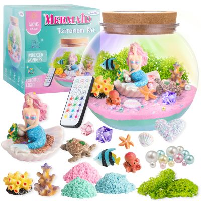 Mermaid Light-Up Terrarium Kit for Kids - LED Night Light Birthday Gift for Girls Ages 4 5 6 7 8-12 Year Old - Mermaid Toys for Girls - DIY Arts and Crafts Kit for Kids