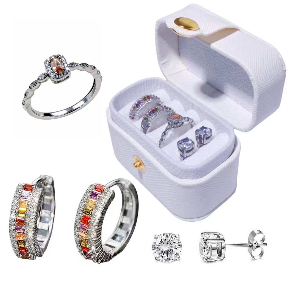 Taojiangyaoyao Jewelry SetStud Earrings Set6 Personalized Sets, 2 Earring Buckles, 2 Earring Studs, 1 Diamond Ring, 1 Storage Box (Silver)