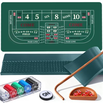 NEWTRY Craps Game Set: 3570 Craps Tabletop Layout, 48x11Rubber Diamond Pyramid Bumper, 36 Rattan Stick, 5pcs Professional dice, 100 pcs Chips & ON/Off Buttons for Game Nights Party Camping