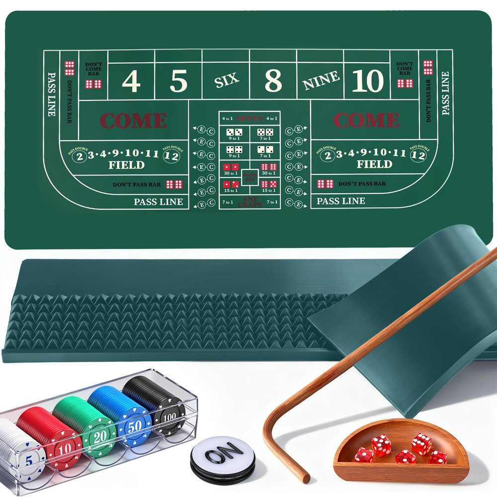 NEWTRY Craps Game Set: 3570 Craps Tabletop Layout, 48x11Rubber Diamond Pyramid Bumper, 36 Rattan Stick, 5pcs Professional dice, 100 pcs Chips & ON/Off Buttons for Game Nights Party Camping