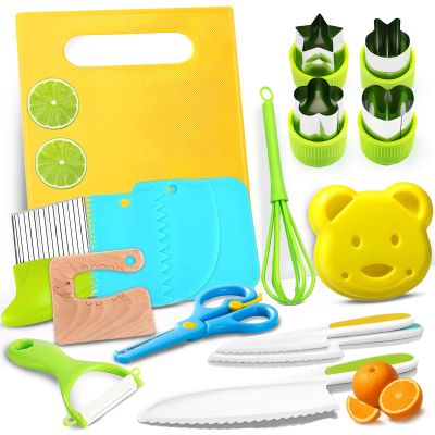 17PCS Toddler Knife Set- Kids Knifes for Real Cooking,Montessori Toy Safe Kitchen Knife Set for Toddler, Cutting Board,Gift for 3-12 Year Old Girl Boy