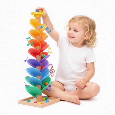 Wooden Rainbow Marble Run Tree, 30pcs Vertical Marble Run Construction Game,Creative Color Sorting Ball Drop Musical Toy,Montessori Learning Stem Gift for Kids Age 3,4,5,6,7,8+