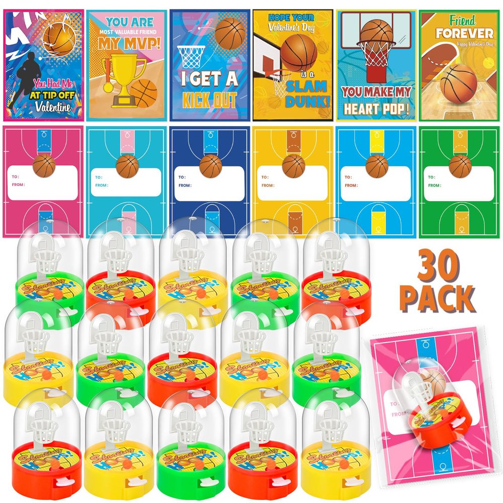 30 Pack Valentines Day Gifts for Kids for Classroom, Valentine's Exchange Greeting Cards with Mini Basketball Shooting Games Sports Gift Cards Finger Basketball Toy, Classroom Gifts Exchange Prize