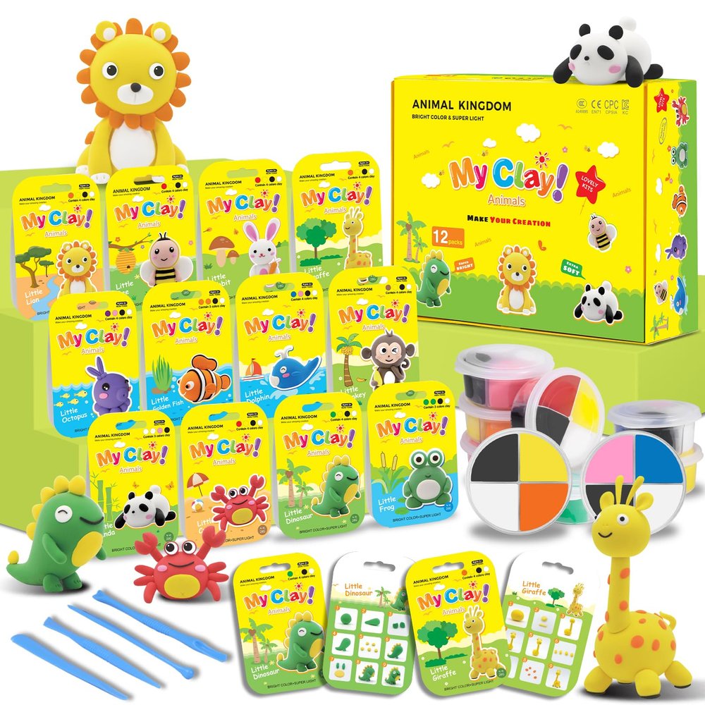 Air Dry Clay for Kids Air Clay Art Kits 12 Box Animals Theme Air Dry Modeling Clay Kit w/Sculpting Tools& Step-by-Step Tutorials,Ultra Soft Non-Sticky,Craft Party Favors Clay Toy Gift for Boys Girls
