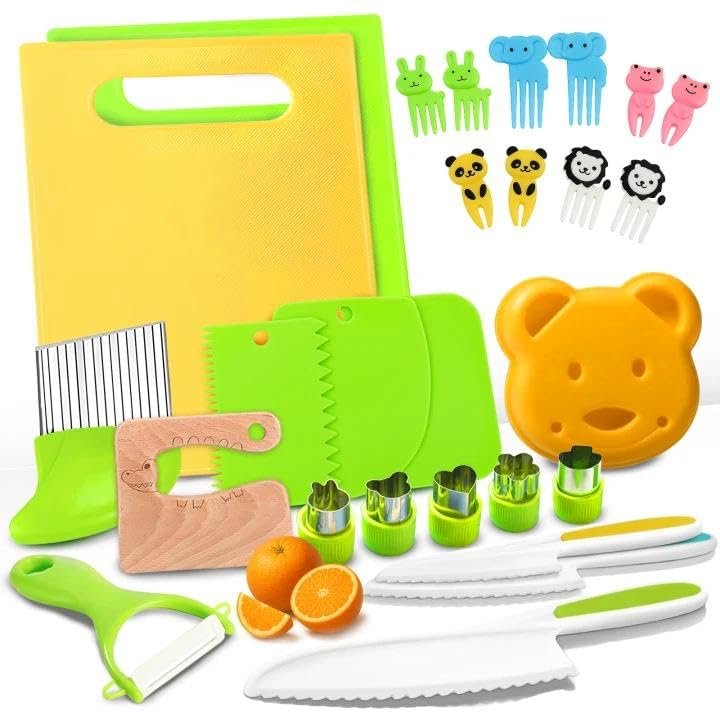 27 PCS Toddler Knife Set- Kids Knifes for Real Cooking,Montessori Toy Safe Kitchen Knife Set for Toddler, Cutting Board,Gift for 3-12 Year Old Girl Boy