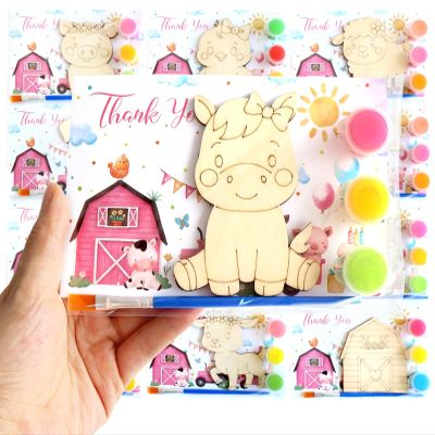 12 Pack Pink Farm Party Favors for Kids Individually Wrapped Paint Your Own Wooden Magnet Craft Kits with Thank You Card, Barnyard Animal Birthday Supplies for Girls