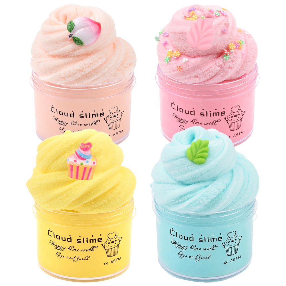 4 Pack Cloud Slime Kit, DIY Stress Relief Toy with Cute Slime Fun Charms, for Kids Party Favors, for Girls Boys Birthday Gift