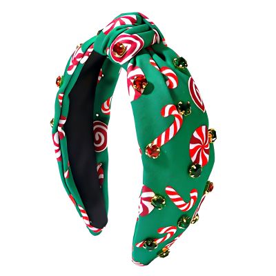 BAISUYANG Christmas Headbands for Women Candy Canes Crystal Knotted Headband Jeweled Wide Top Knot Hairband Hair Accessories Gifts Holiday Headwear (Green)