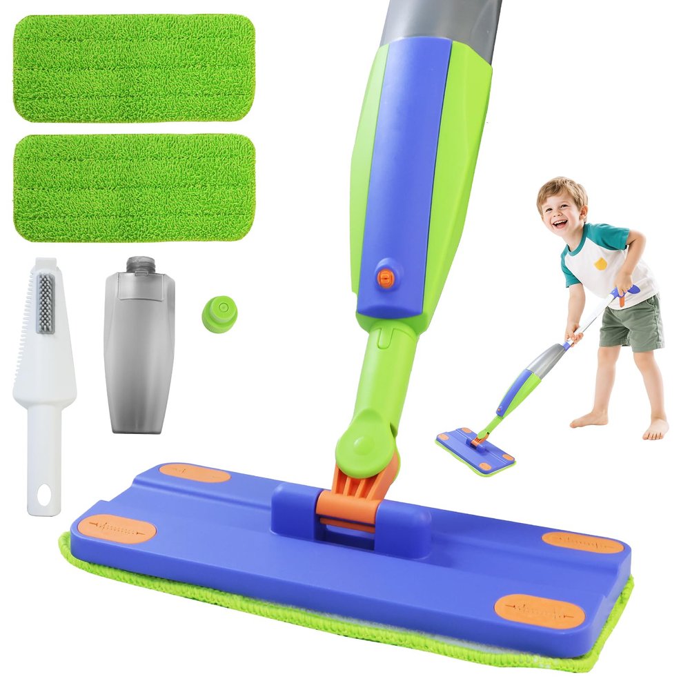 Kids Spray Mop that Really Works,Pretend Play Toddler Cleaning Set,Montessori Toys Cleaning Set for Ages 4-8, Water Sprayer & Scraper & 2 Washable Mop Pads, Housekeeping Toys Gifts for Kids Toddlers