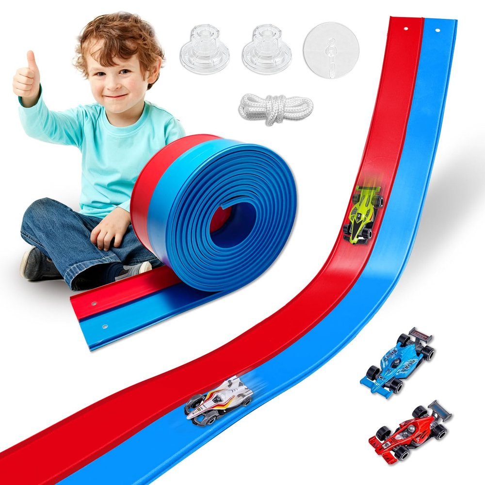 Flexible Race Track Toys for Kids 15 Ft with 4 Cars & Suction Cups, Portable Double Lane Racetrack Compatible with Hot Wheels & 1/64 Diecast Cars, Fun Car Ramp Track Set for Ages 3+(Blue & Red)