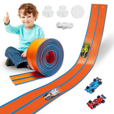 Flexible Race Track Toys for Kids 15 Ft with 4 Cars & Suction Cups, Portable Double Lane Racetrack Compatible with Hot Wheels & 1/64 Diecast Cars, Fun Car Ramp Track Set for Ages 3+(Orange & Blue)