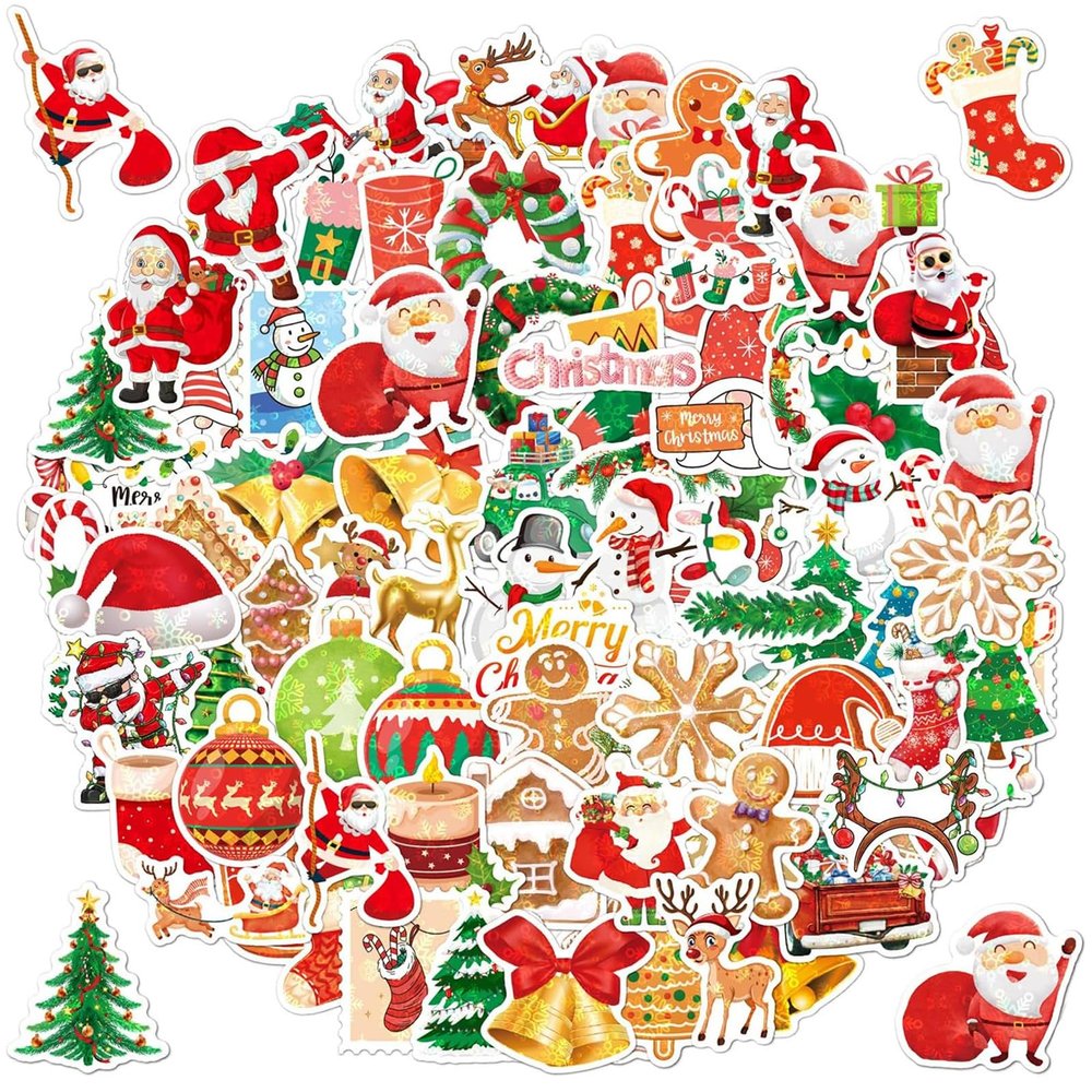100 PCS Christmas Stickers for Kids, Holographic Glitter Christmas Stickers for Xmas Crafts Party Favors, Santa Claus Snowman Sticker Stocking Stuffers for Xmas Decoration Scrapbook