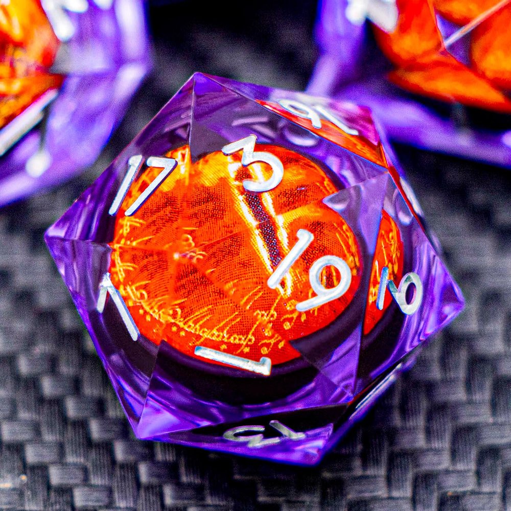 ARUOHHA DND Resin Dice Gazes Eye Dice Silver Purple Liquid Core Flaming RPG Sharp Edged Dice Set with Gift Box, Polyhedral D and D Dice Set Compatible with Dungeons Dragons Role Playing Game D20 D6