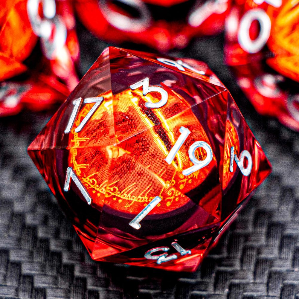 ARUOHHA DND Resin Dice Gazes Eye Dice Silver Red Liquid Core Flaming RPG Sharp Edged Dice Set with Gift Box, Polyhedral D and D Dice Set Compatible with Dungeons Dragons Role Playing Game D20 D6