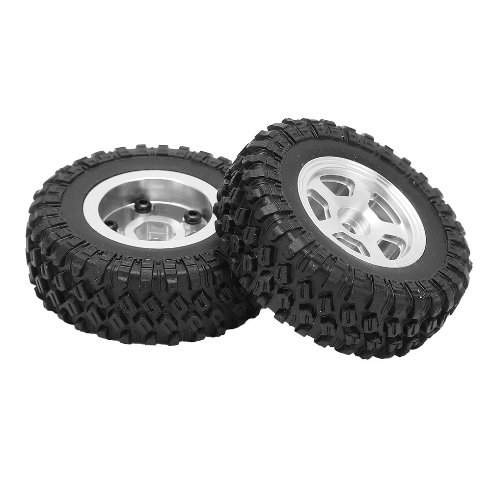 2PCS Micro Crawler Tires Metal Five Spoke Beadlock Wheels High Performance Rubber Tires For SCX24 90081 1/24 Scale Remote Control Climbing Car Aluminum Alloy Wheels 48mm Diameter (Silver)