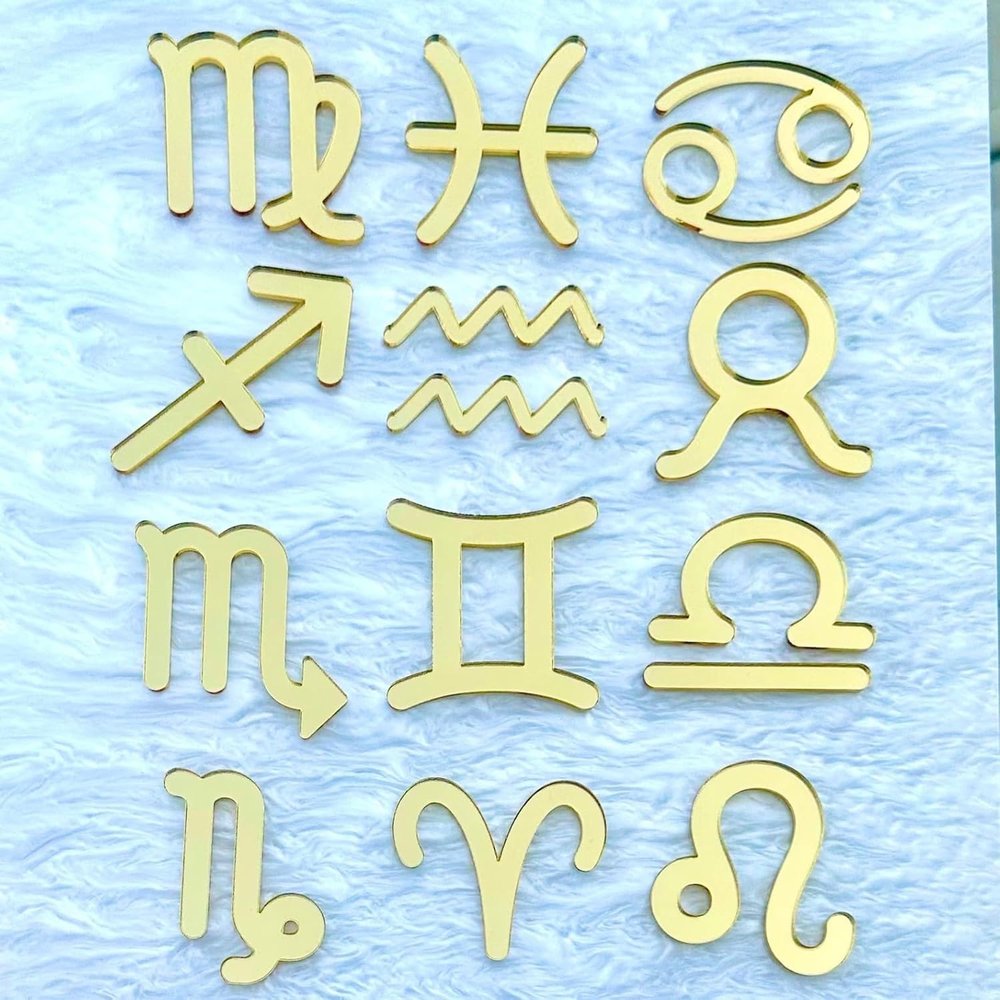 12PCS Gold Acrylic Zodiac Constellation Cake Topper, Aquarius Cake Toppers, Libra Toppers, January-December 12 Zodiac Horoscope Astrology Birthday Party Cake Decorations Supplies