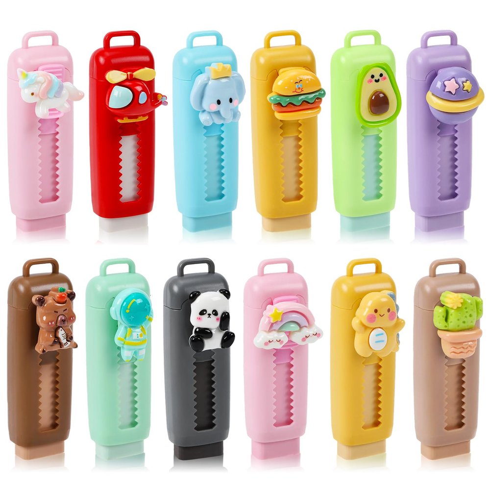 12 Pack Cute Retractable Pencil Erasers for Kids Bulk Kawaii Cartoon Fun Erasers for Teacher Class Rewards Favor School Supplies Home Office Party Gift Filling