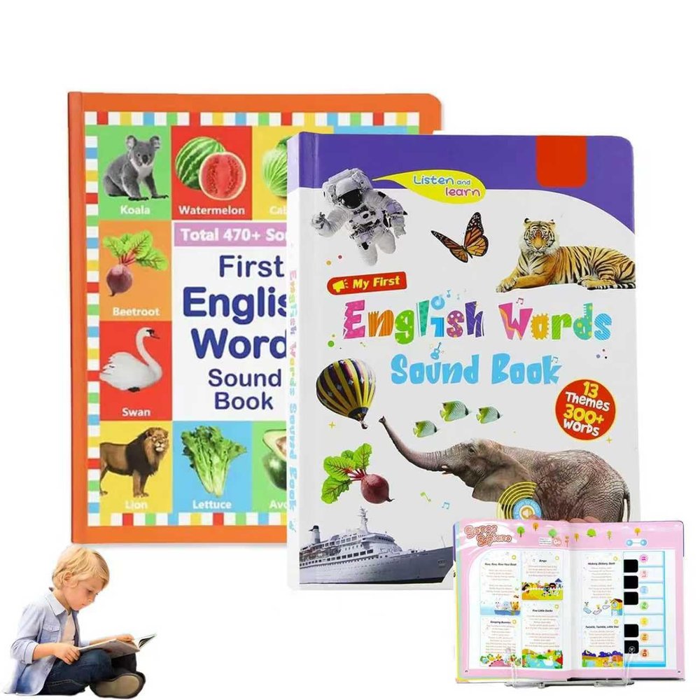 2 First English Words Sound Books,Baby Books for Toddlers Age 2 3 4 5 6, Interactive Audio Sound Books for Kids, Early Learning Education Language Baby Books Music Toys
