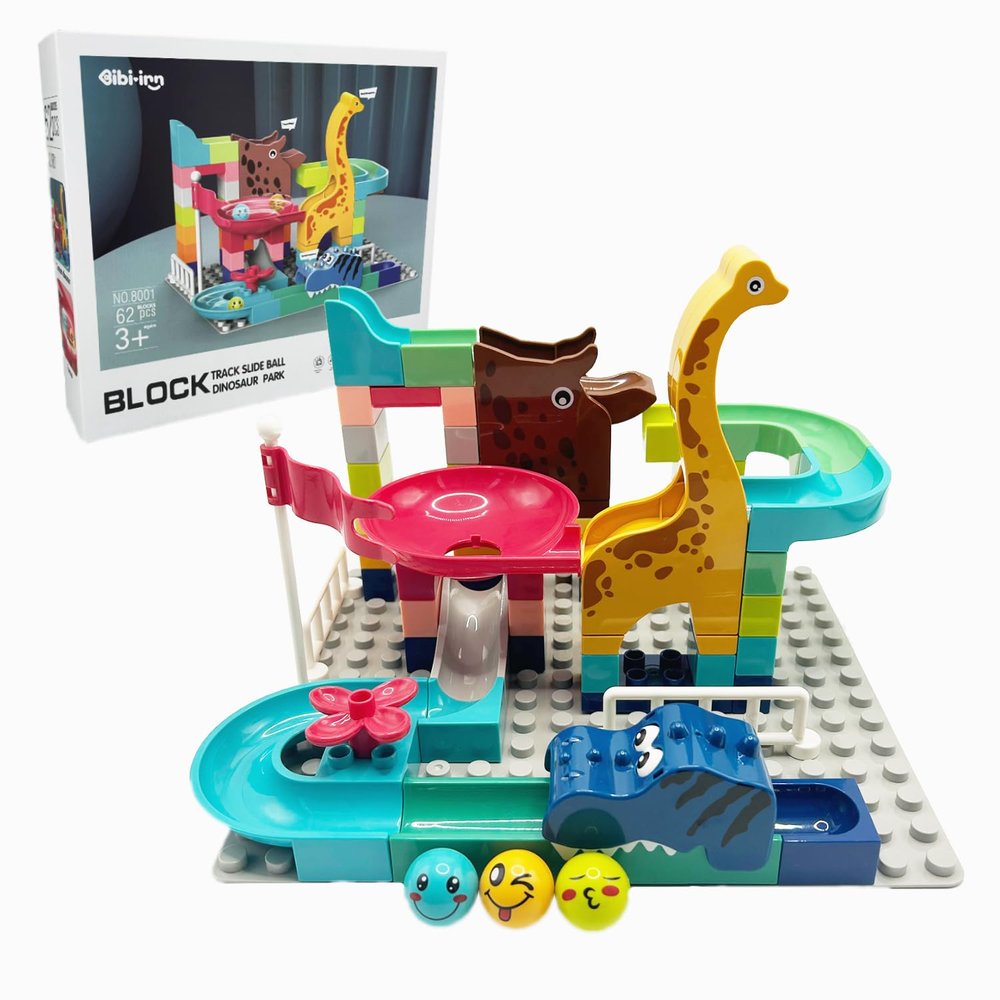 WangCow 62Pcs Marble Run Classic Big Blocks Toys Set, Stem Educational Construction Toy with Dinosaur and Giraffe Theme, of Stem Educational Toys for Kids Age 3+