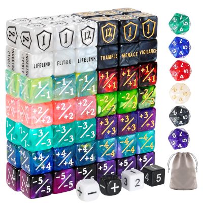 100 PCS MTG Dice Set  Ability Keyword Counters, +1/-1 Life Counter Shield Shaped Dice, D20 Number Dice, Buff Tokens, with 2 Velvet Bags for Storage