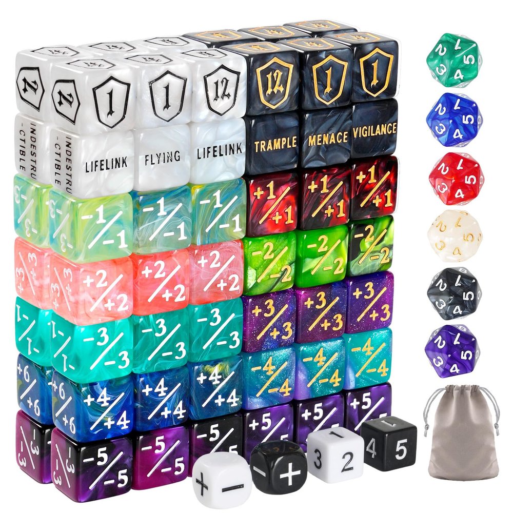 100 PCS MTG Dice Set  Ability Keyword Counters, +1/-1 Life Counter Shield Shaped Dice, D20 Number Dice, Buff Tokens, with 2 Velvet Bags for Storage