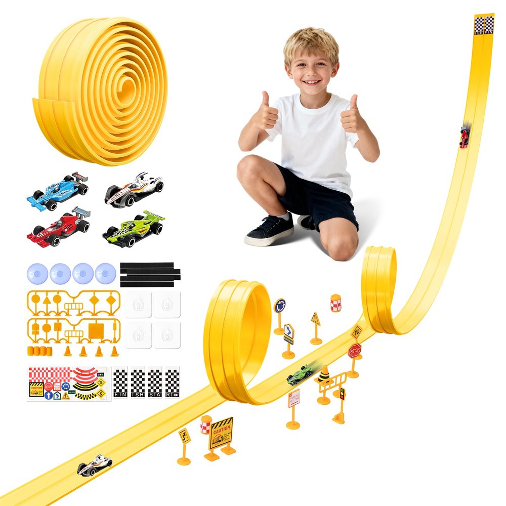 BUMBELIN 16.5Ft Flexible Race Car Track with 4 Cars, Suction Cups, Hooks & Roadblocks, Compatible with 1:64 Scale Toy Cars, Portable DIY Racetrack Gift for Kids Ages 3+ Yellow