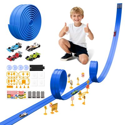 BUMBELIN 16.5Ft Flexible Race Car Track with 4 Cars, Suction Cups, Hooks & Roadblocks, Compatible with 1:64 Scale Toy Cars, Portable DIY Racetrack Gift for Kids Ages 3+ Blue