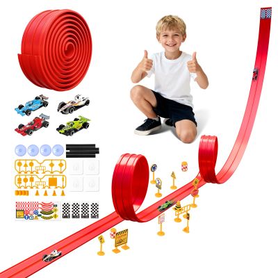 BUMBELIN 16.5Ft Flexible Race Car Track with 4 Cars, Suction Cups, Hooks & Roadblocks, Compatible with 1:64 Scale Toy Cars, Portable DIY Racetrack Gift for Kids Ages 3+ Red