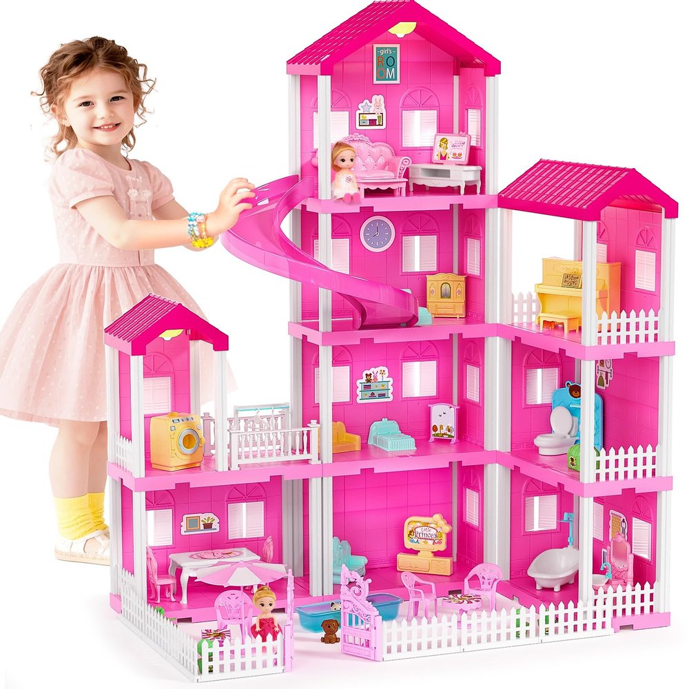 TUZT 4-Story Doll House with Pool & Slide, Toy Figures, Pet Dogs, Furniture and Accessories, Pretend Play Dream Dollhouse with Light, Christmas Birthday Gifts for Kids Toddlers Girls Age 3 4 5 6