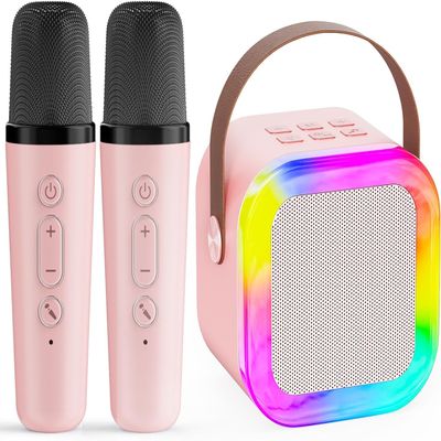 Karaoke Machine for Kids,2025New Mini Portable Karaoke Toys, Karaoke Speaker with 2 Wireless Microphone & Light for Home Party for Adults (Pink-2Mic)