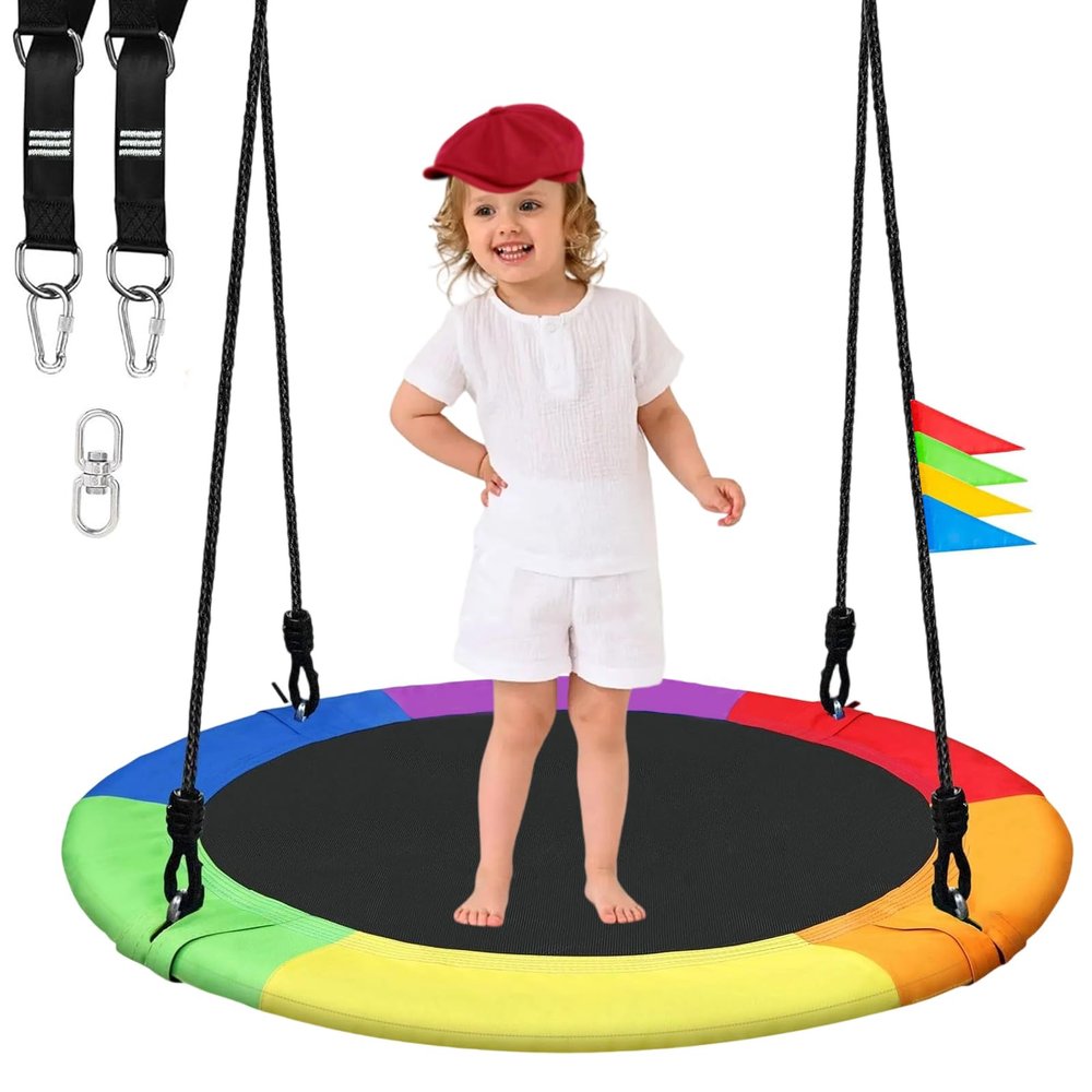 40 Inch Saucer Tree Swing for Kids, 900lbs Swings Seat for Children with Adjustable Hanging Straps Waterproof Safe Durable Swing Sets for Indoor Outdoor Backyard Playground, Multi-Coloured