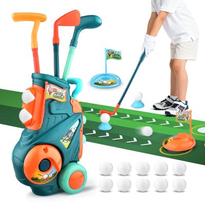 Toddler Golf Set with Putting Mat, Upgraded Kids Golf Cart with Shoulder Strap, Toddler Glove, Plastic Clubs, 10 Balls, Indoor Outdoor Sports Toys Birthday Gift for Boys Girls Aged 3 4 5+ Years Old