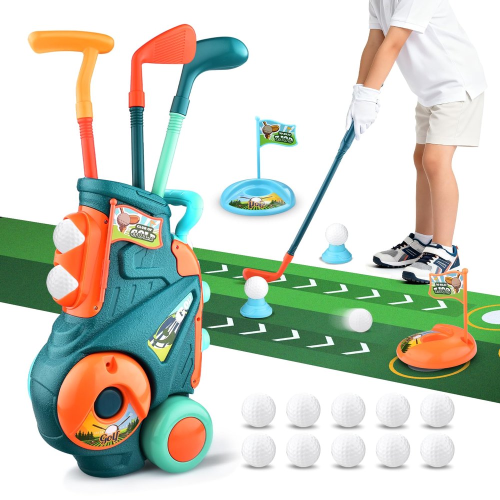 Toddler Golf Set with Putting Mat, Upgraded Kids Golf Cart with Shoulder Strap, Toddler Glove, Plastic Clubs, 10 Balls, Indoor Outdoor Sports Toys Birthday Gift for Boys Girls Aged 3 4 5+ Years Old