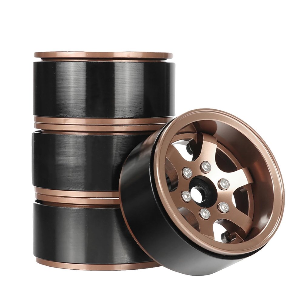 AMZSTAR 4pcs 1.55inch Beadlock Alloy 6-Spoke Aluminum Wheels Rims Hubs 1/10 RC Crawler Rims Fit for Axial 90069 Tamiya D90 TF2 LC70 LC80 MN98 (Black Gold)