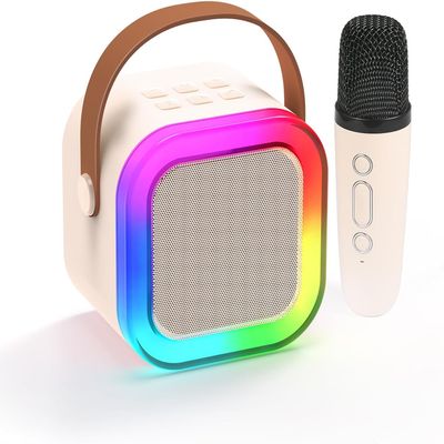 Karaoke Machine for Kids,2025New Mini Portable Karaoke Toys, Karaoke Speaker with 2 Wireless Microphone & Light for Home Party for Adults (Beige-1MIC)