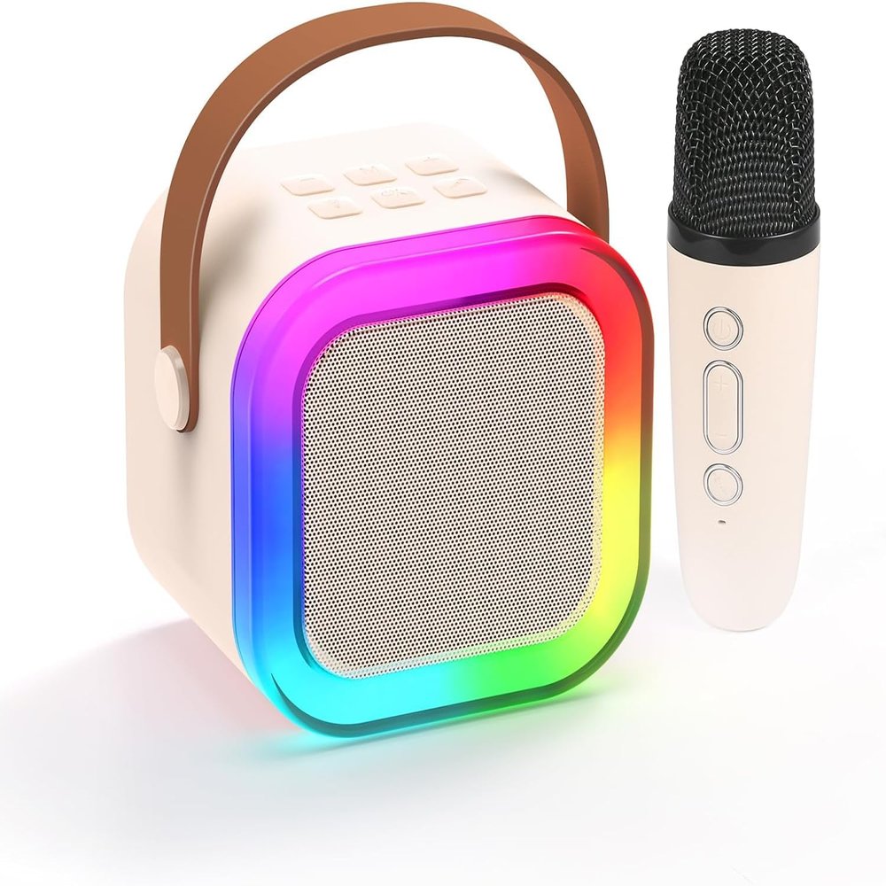 Karaoke Machine for Kids,2025New Mini Portable Karaoke Toys, Karaoke Speaker with 2 Wireless Microphone & Light for Home Party for Adults (Beige-1MIC)
